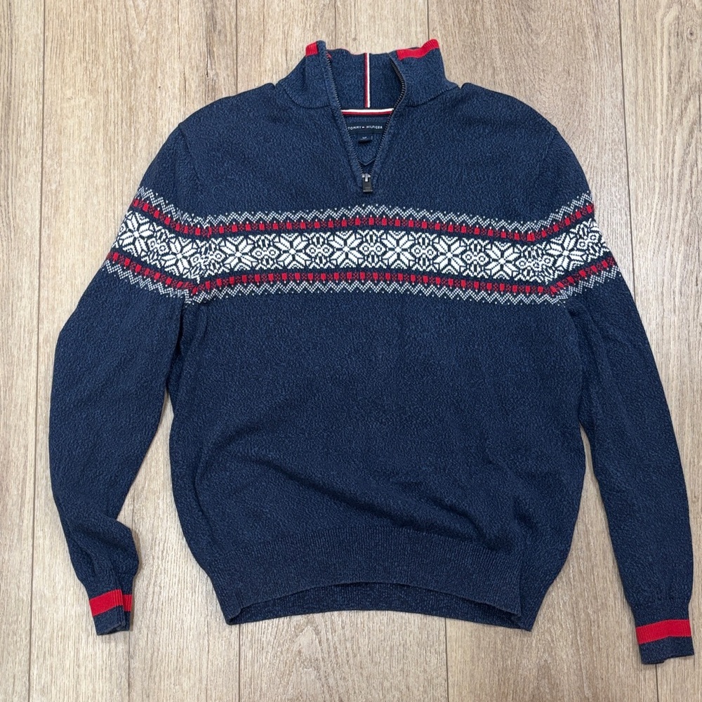 Tommy Hilfiger Navy Zip-Up Sweater with Red and White Accents